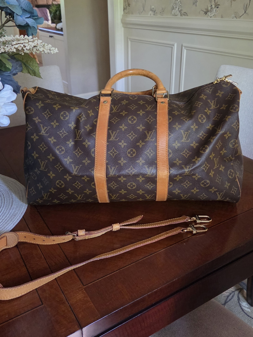 Louis Vuitton Brown Monogram Canvas Duffel 50 with Tan Leather Trim
